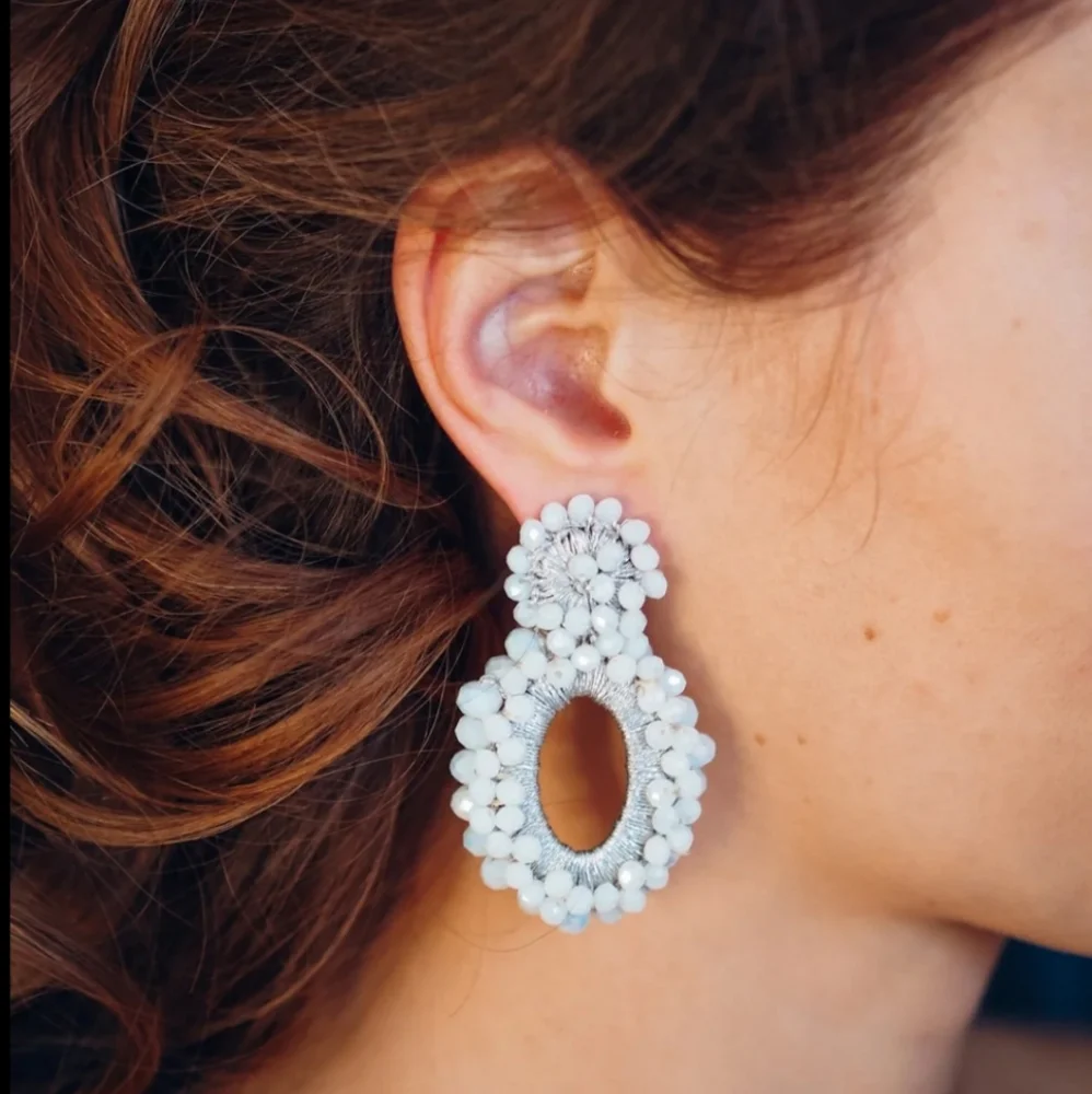 Lotus Seed Beads Oval Drop White Clip On Earrings Handmade